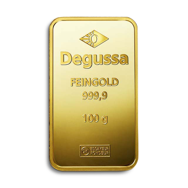 Barra de oro acuñada Degussa 100 g