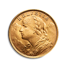 Moneda de oro Vreneli 20 Francos Suizos